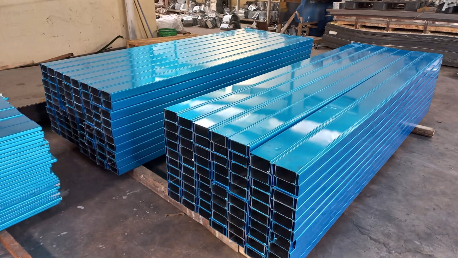Blue powder-coated cable tray